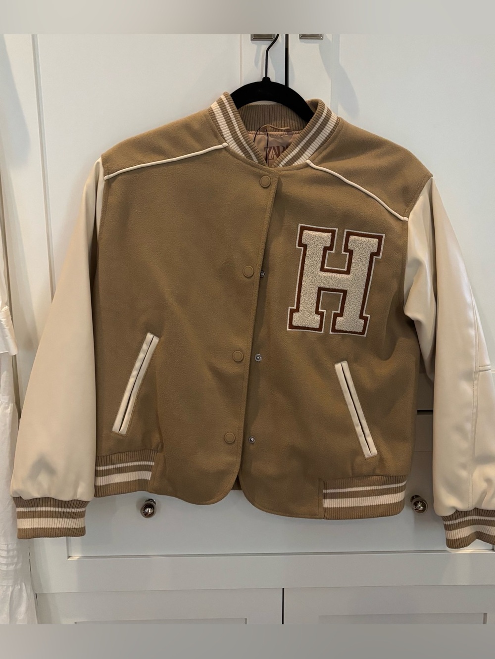 Zara Girls Beige Bomber Varsity Jacket Size 11-12